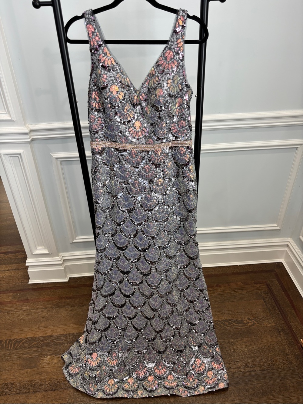 Annabelle Silver Sequin V-Neck Mermaid Gown with Pink Accents